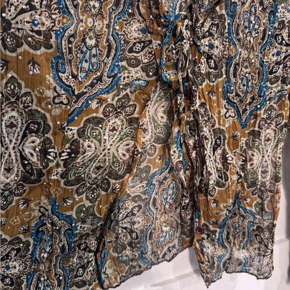 Y2K Sheer Paisley Tie Front Sequin Blouse Boho Style - Picture 4 of 6